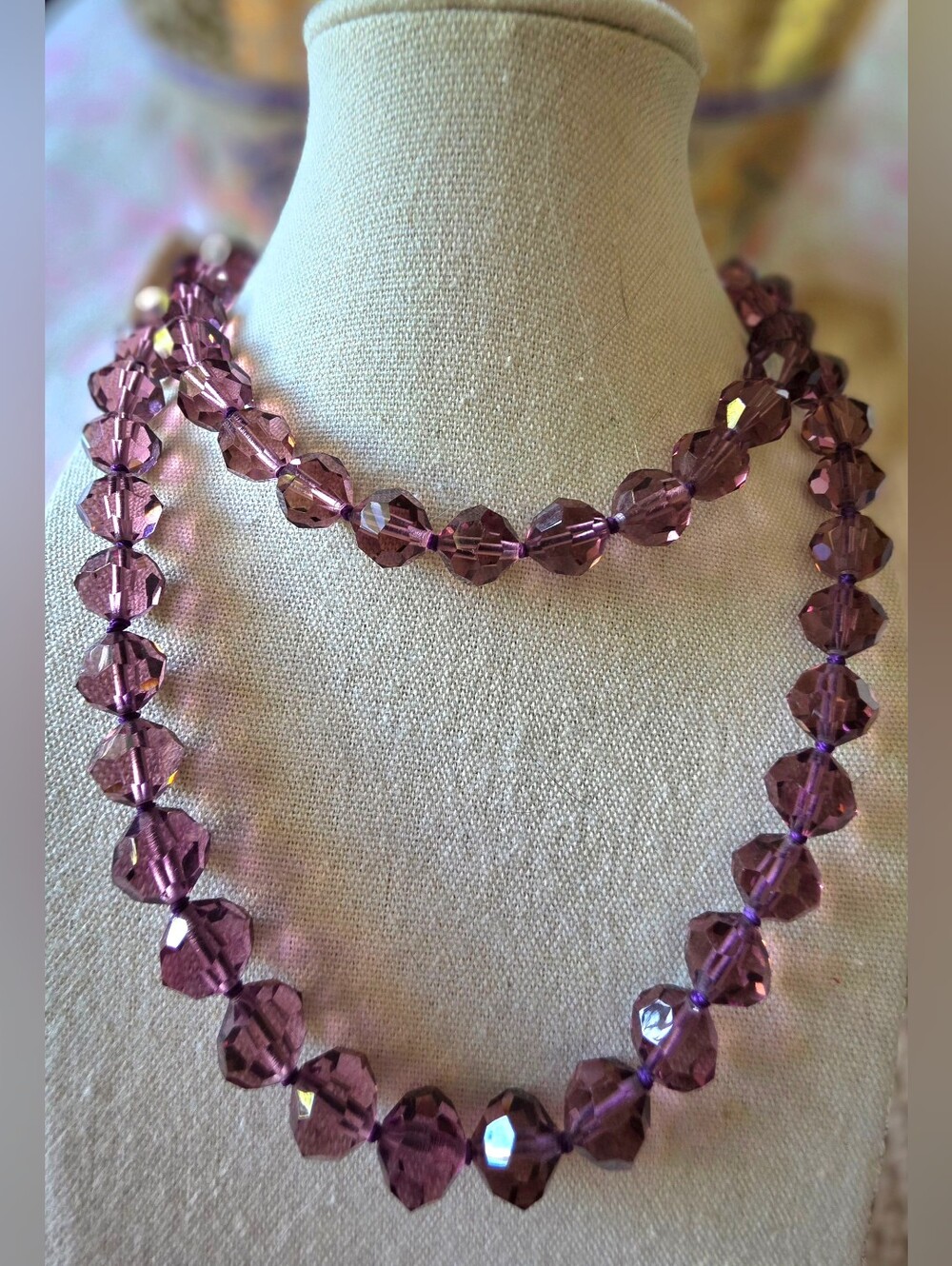 Vintage Art Deco 34" Amethyst Lead Crystal Faceted Beaded Necklace Barrel Clasp